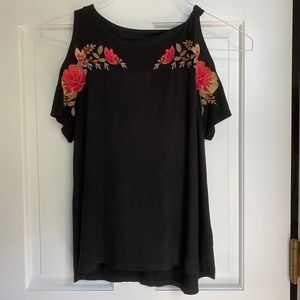 AE soft & sexy black open shoulder embroidered top